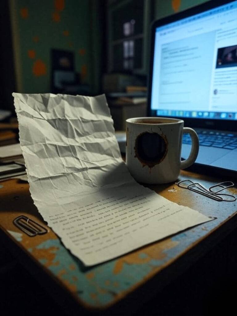 Cluttered desk in a tiny Queens apartment with a crinkled termination letter, chipped coffee mug with a ring, bent paperclip fist, and a laptop displaying a legal site, set against muted green and orange tones.