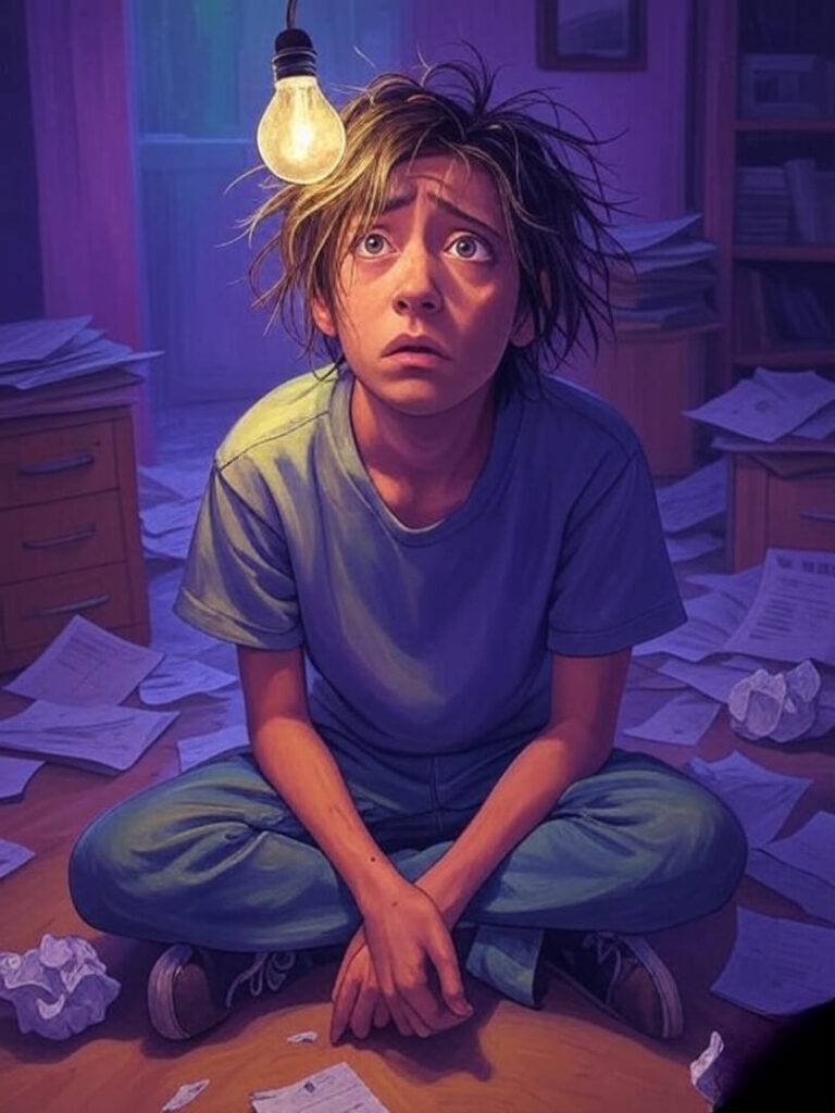 "Impressionistic digital painting of a cluttered apartment with a stressed tenant, crumpled lease on the floor, and a flickering lightbulb, in deep purples and lime green tones."