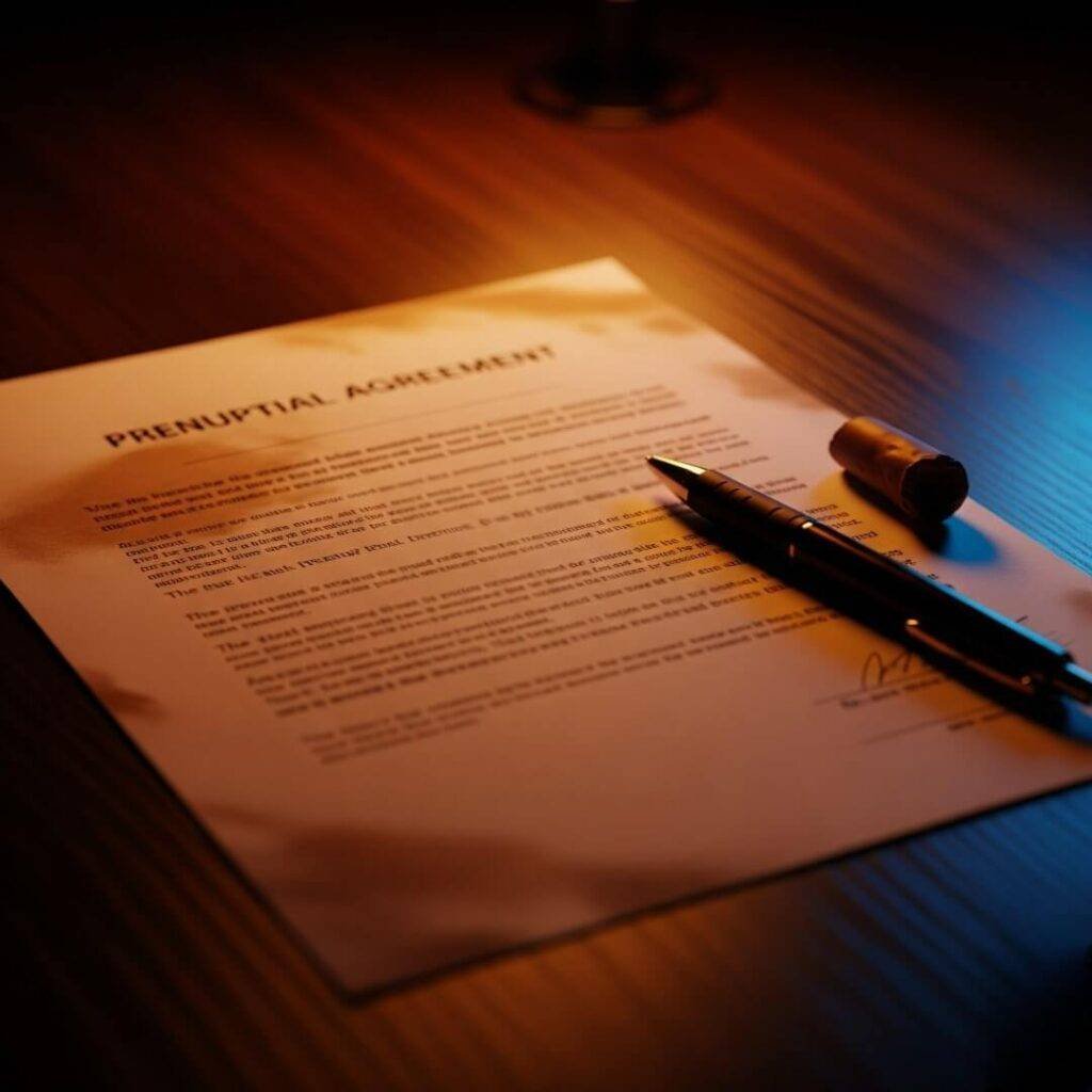A close-up, slightly blurred photo of a coffee-stained prenup draft with a pen with a chewed cap.