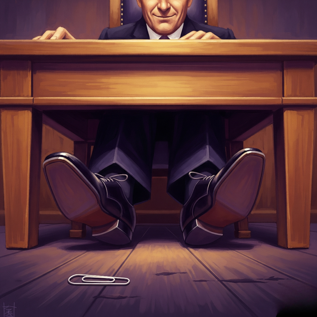 A low-angle digital painting of an attorney's feet nervously tapping under a courtroom table. A smirk is visible on the attorney's face, and a paperclip is on the floor. The color palette is deep purple and gold.