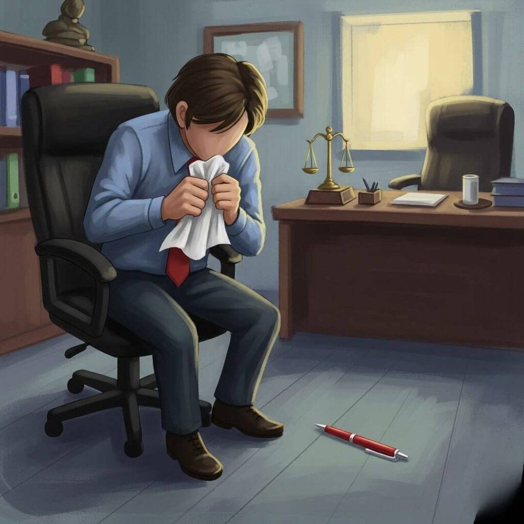 An impressionistic digital painting of a person twisting a tissue in a lawyer's office, with a red pen on the floor.