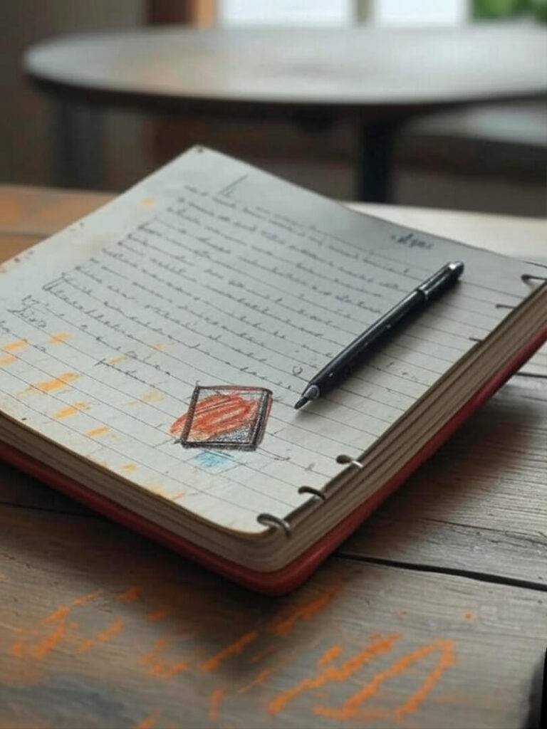 Impressionistic painting of a worn-out notebook with scribbled legal notes, a leaking pen, and a kid’s crayon drawing, tilted slightly, in soft grays and vibrant oranges.