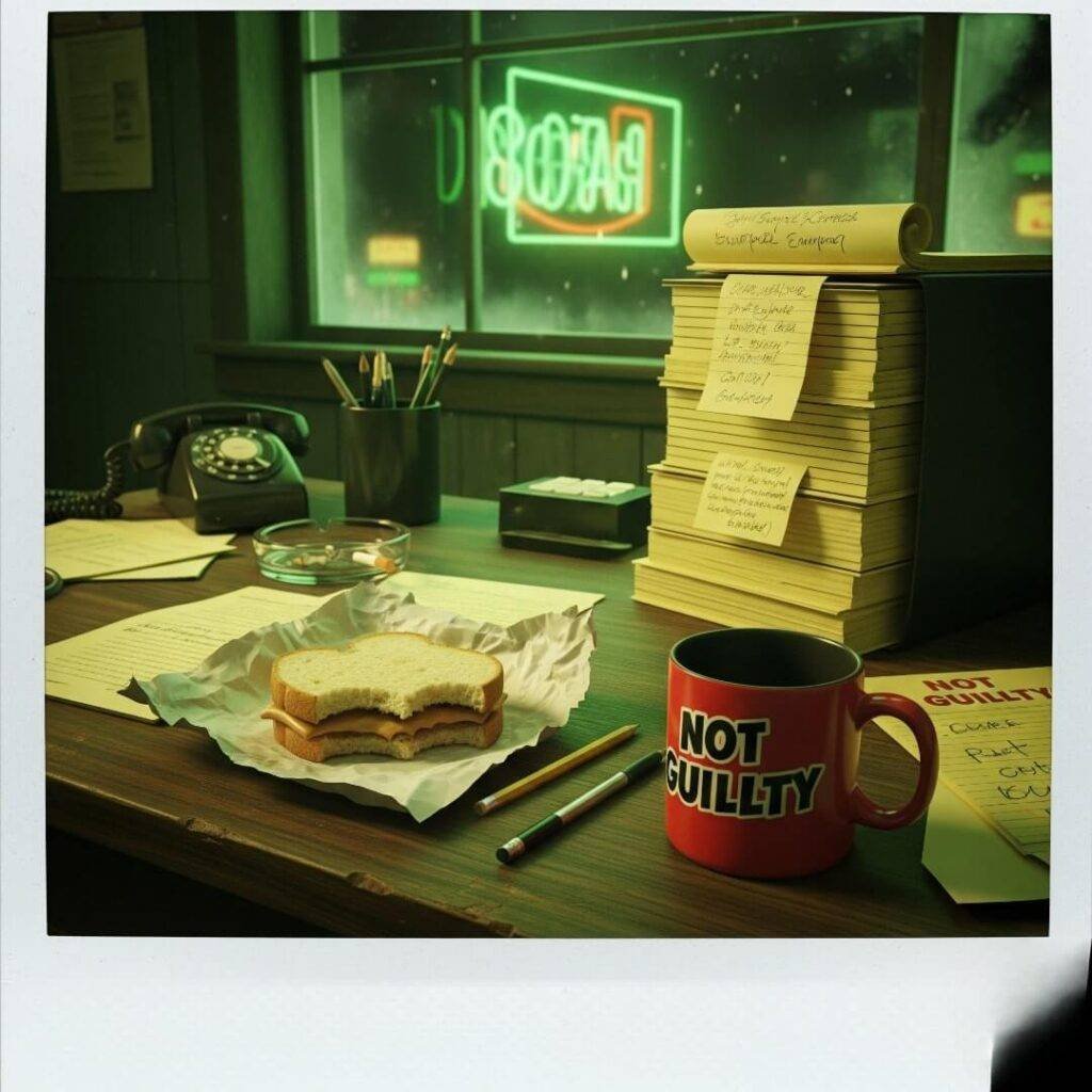 A vintage-style Polaroid photo of a cluttered lawyer's desk, with a half-eaten sandwich, a stack of legal pads, and a red "Not Guilty" mug. A flickering neon sign outside the window casts a green glow.