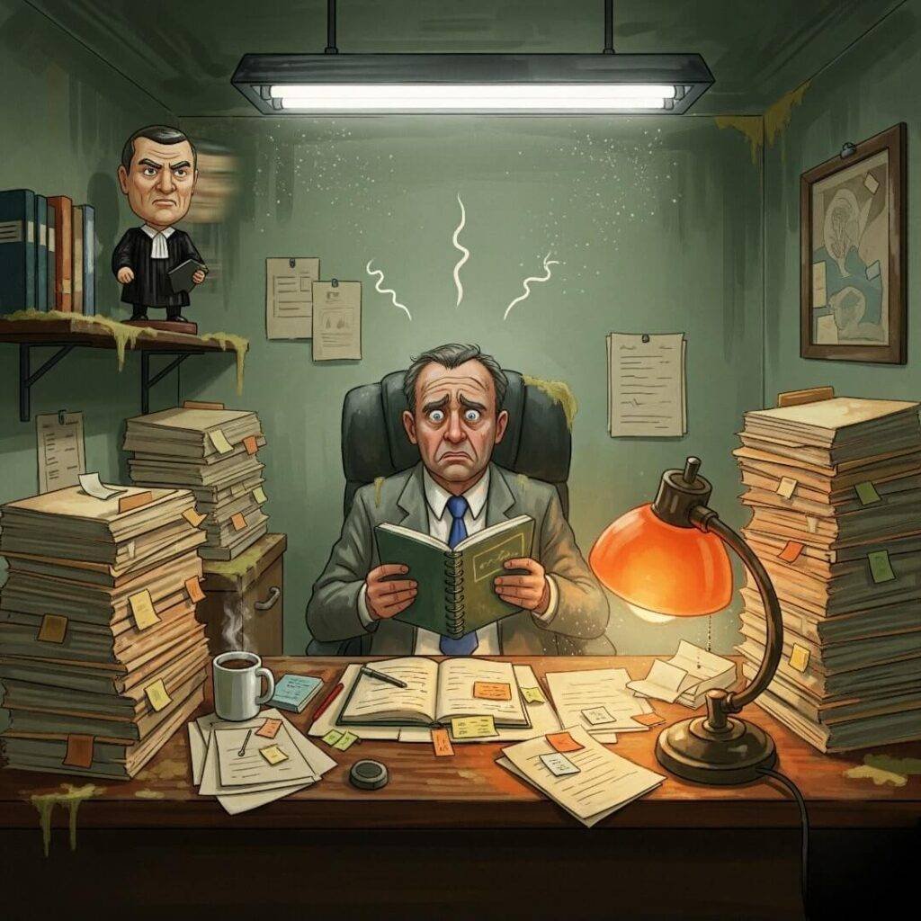 An impressionistic digital painting of a lawyer looking frazzled at a cluttered desk with stacks of papers, a flickering light, and a wobbling judge bobblehead on a shelf.