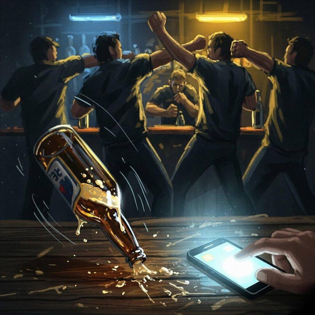 A digital painting of a bar fight with a spilled beer bottle and a hand using a glowing phone.