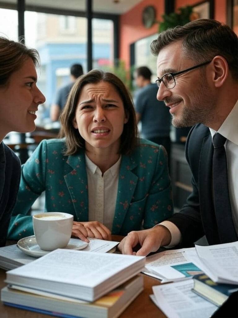 "Weirdly angled shot of a frazzled person talking to a calm lawyer in a busy coffee shop, papers scattered, with a retro Polaroid filter, teal and coral tones, and a wryly funny vibe."