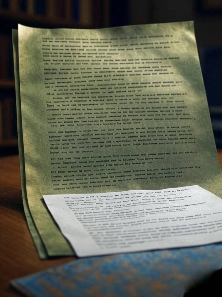 Close-up of a handwritten contract with smudged ink, viewed at an odd angle over a shoulder, gritty photorealistic style, anxious tone with earthy greens and browns.