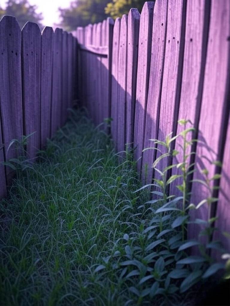 A rickety wooden fence divides two yards, one with lush green grass and the other overgrown with weeds, captured from a low, sneaky angle in an impressionistic digital painting style with moody purples and greens, suggesting tension over ownership.