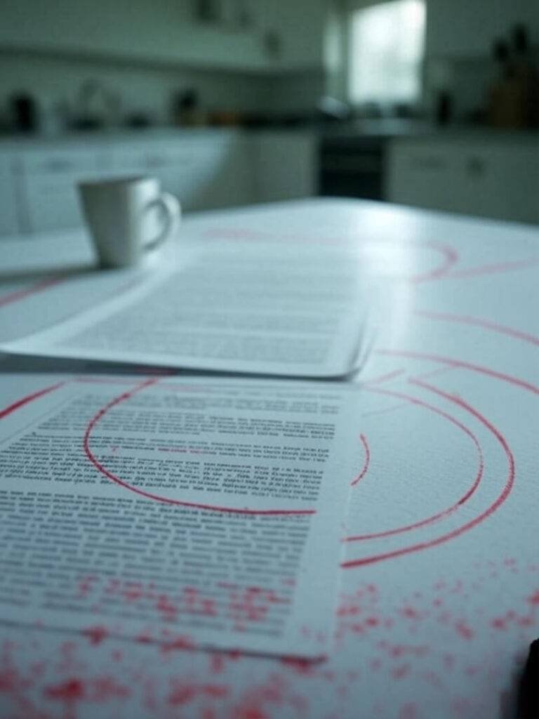 Grainy close-up of lease with red-circled "miscellaneous fees," coffee mug, tense comedic tone, washed-out greens and whites.