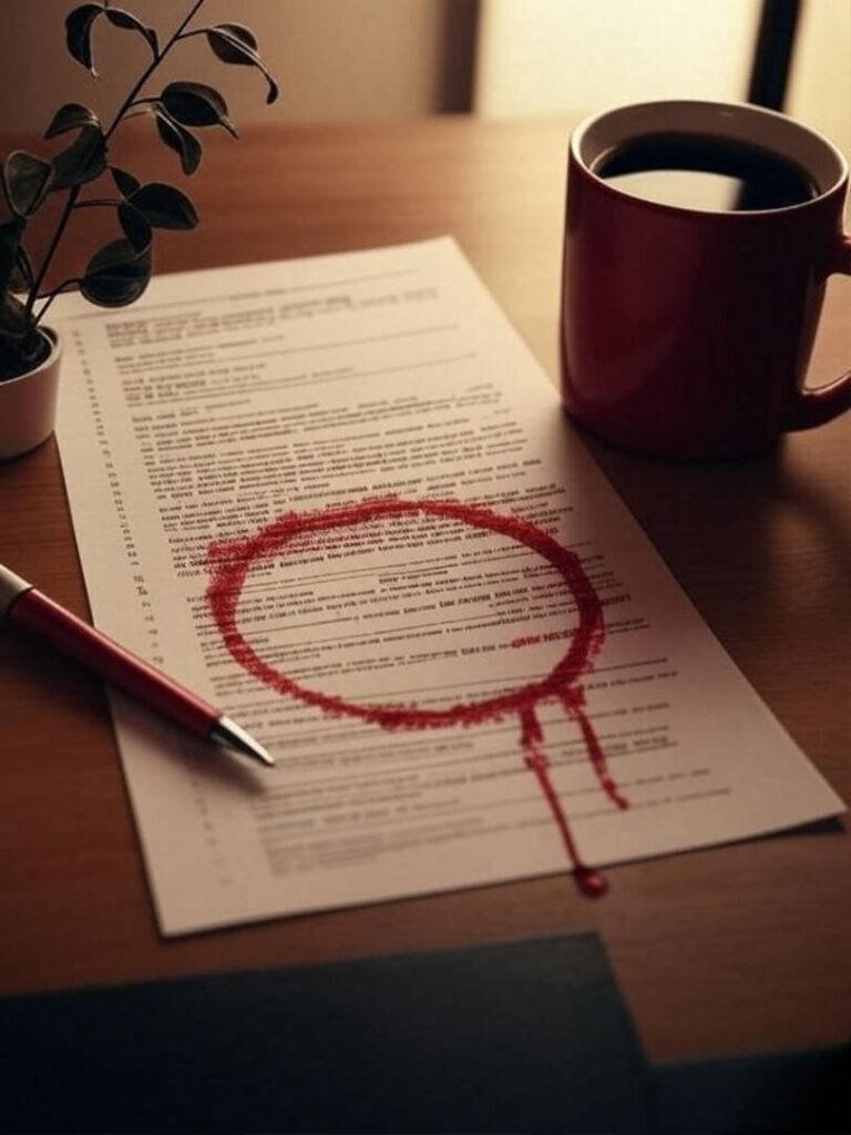 "Vintage ‘90s Polaroid-style image of a half-signed lease on a desk, with a red pen bleeding ink, a coffee mug ring stain, and a wilting plant in the corner, in sepia tones with crimson accents, hinting at wry humor."