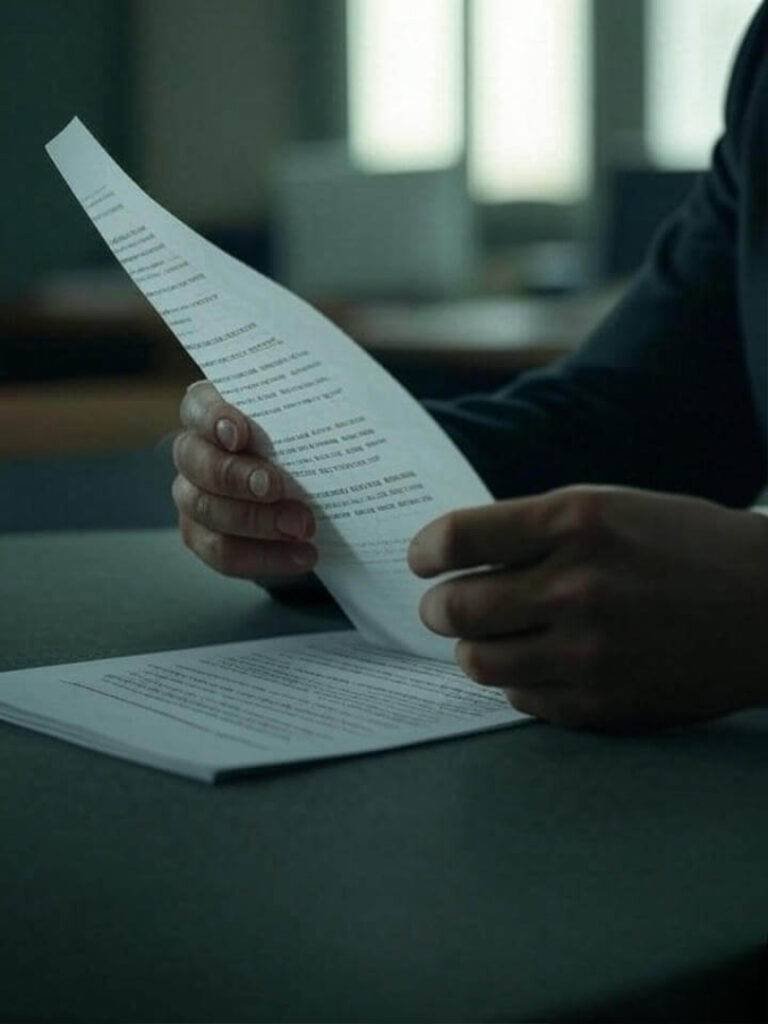 Close-up of nervous hands holding a legal document, tilted awkwardly, in a gritty photorealistic style with muted green and beige tones, evoking a tense office atmosphere.