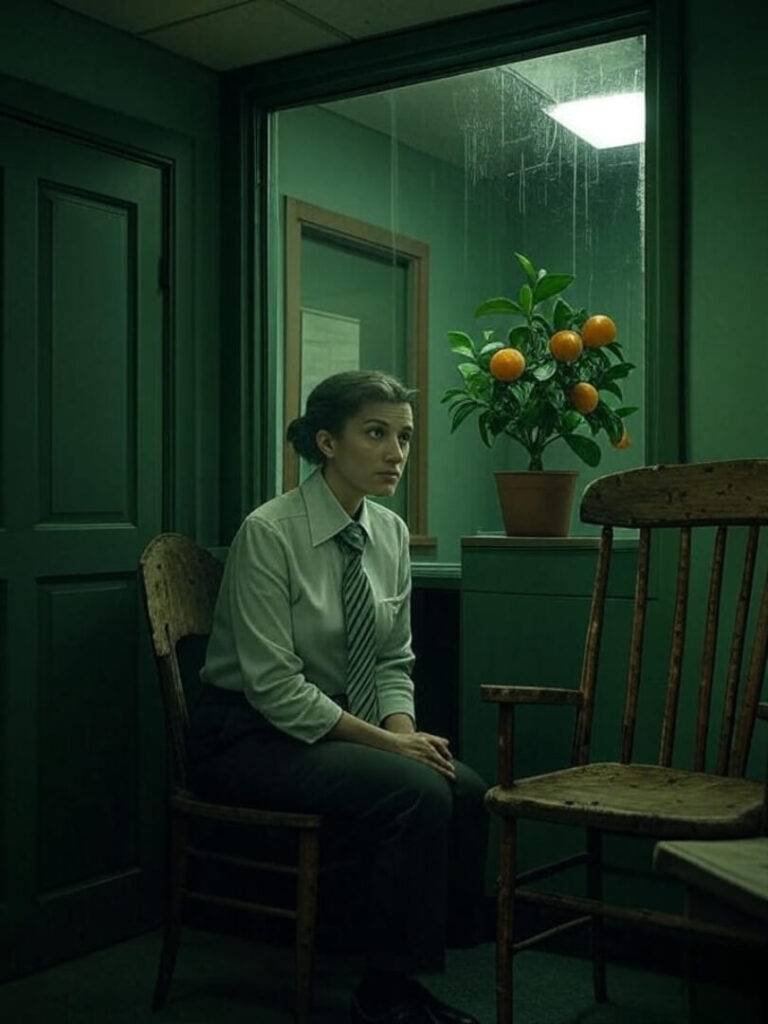 Vintage 90s-style HR office with a shut door, rickety chair, and a nervous employee’s reflection in a smudged window, featuring muted greens and a jittery tangerine plant, exuding a sarcastic vibe.