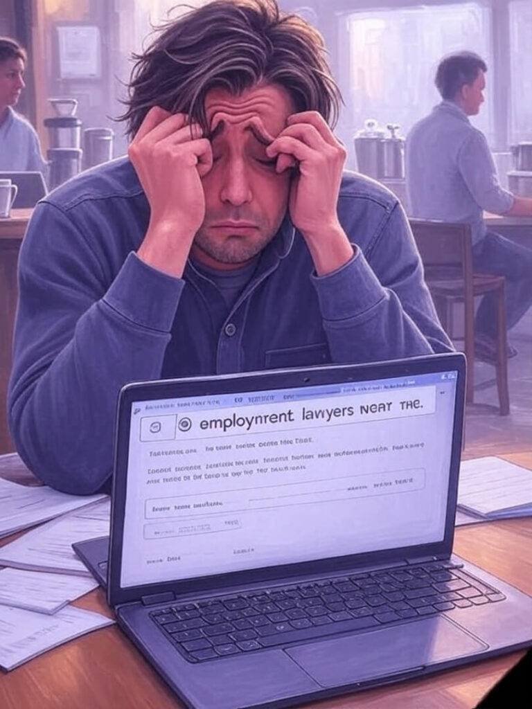 Impressionistic painting of a stressed person in a coffee shop, laptop showing a search for “employment lawyers near me,” with scattered papers and a barista in the background, in soft purples and grays, conveying a frazzled yet hopeful vibe.