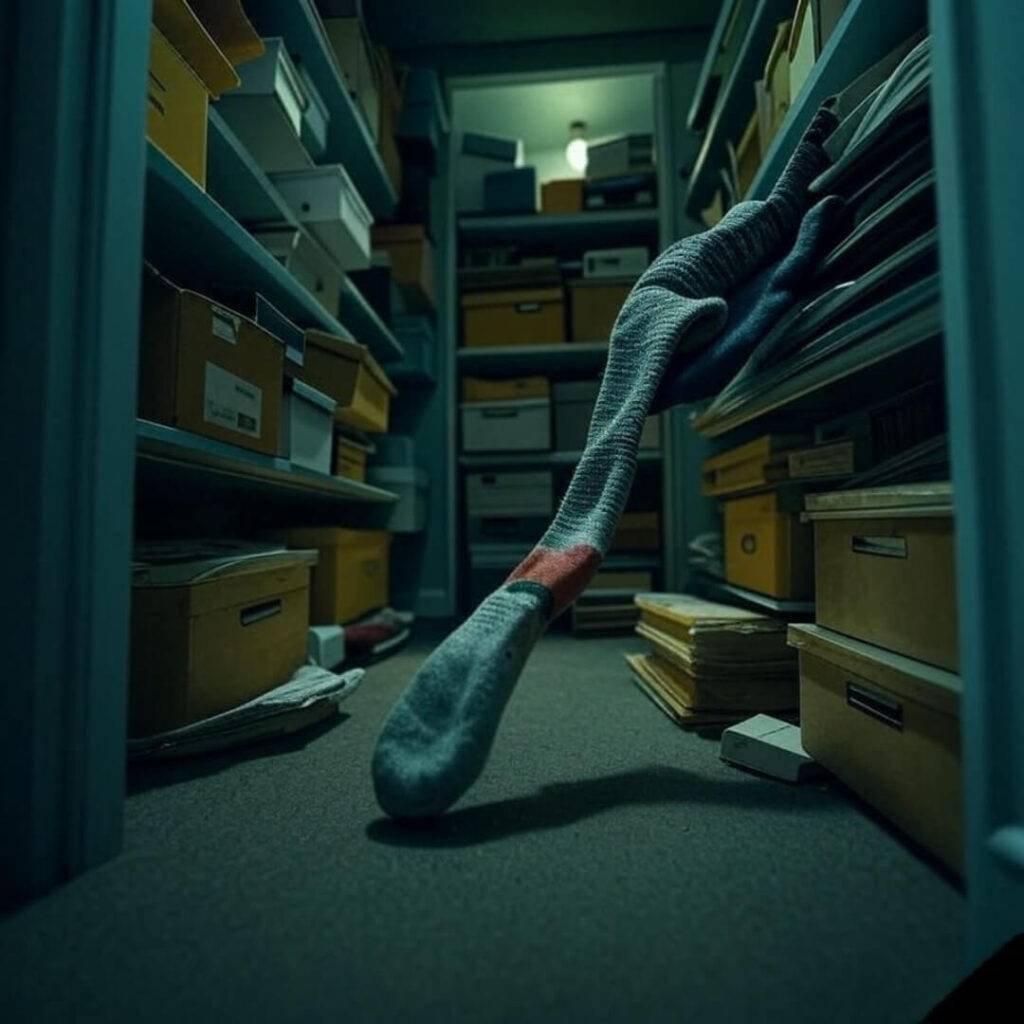 Dimly lit vintage office supply closet, shot from a crouching angle, featuring a mismatched sock tangled in supplies, with a grainy film look and muted teal and mustard yellow tones.