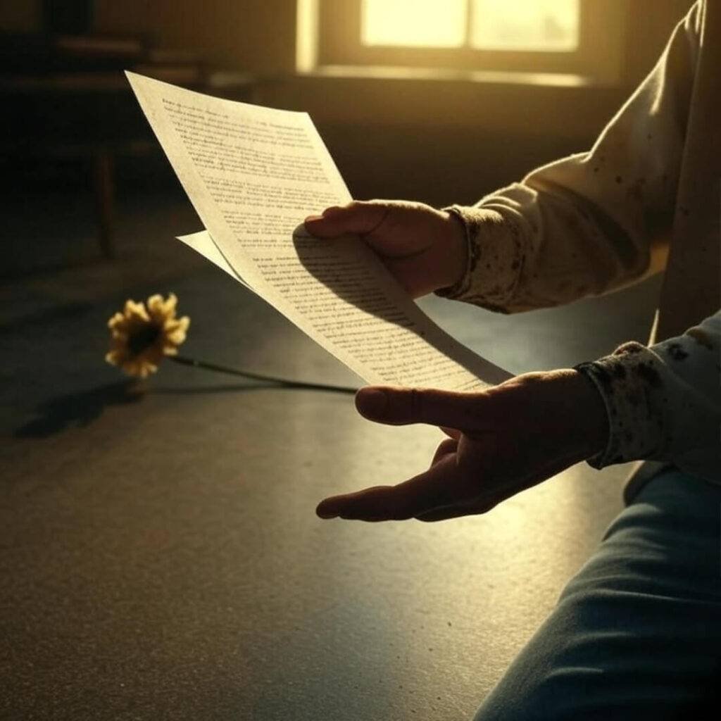 Shaky hands holding a legal document with a coffee-stained sleeve, captured from a low angle in gritty realism style with a warm golden-hour glow and a wilted flower in the corner.
