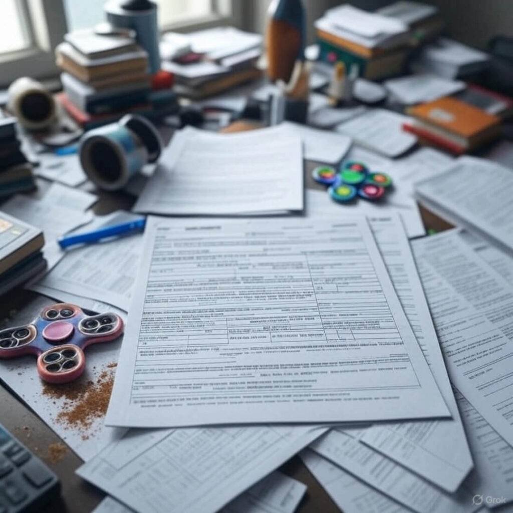 Alt text: Messy desk with a half-filled medical power of attorney form, spilled coffee, and a fidget spinner. Overhead view captures personal chaos. Caption: “My attempt at adulting with a medical power of attorney form.”