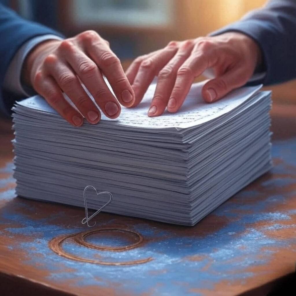 An impressionistic painting of hands nervously flipping through legal documents, with a faint coffee ring on a dusty blue table, a quirky heart-shaped paperclip, and a warm, chaotic vibe in soft oranges.