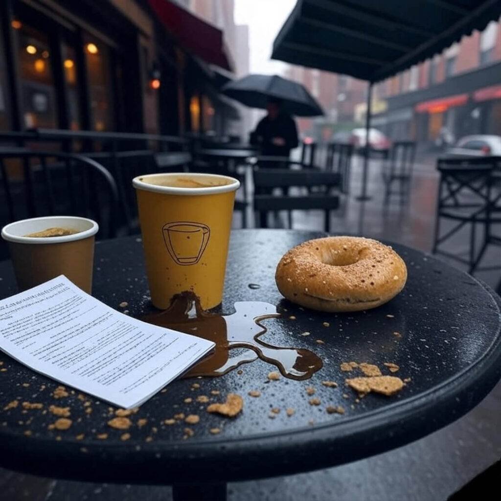 Rainy Hoboken scene with a spilled mustard yellow coffee cup, crumbling bagel, and a legal paper on a wet table, hinting at optimism.
