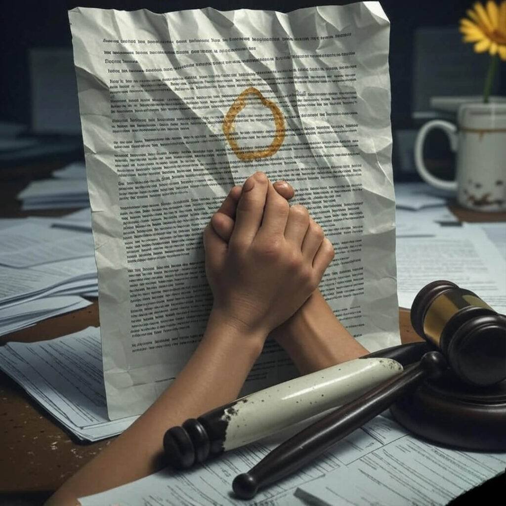 Alt text: A slightly blurred photorealistic image of a messy desk with a coffee-stained legal document, clasped old and young hands, a gavel buried under papers, and a quirky yellow daisy in a chipped mug, blending muted greens, grays, and bold yellows for a cautiously optimistic vibe.