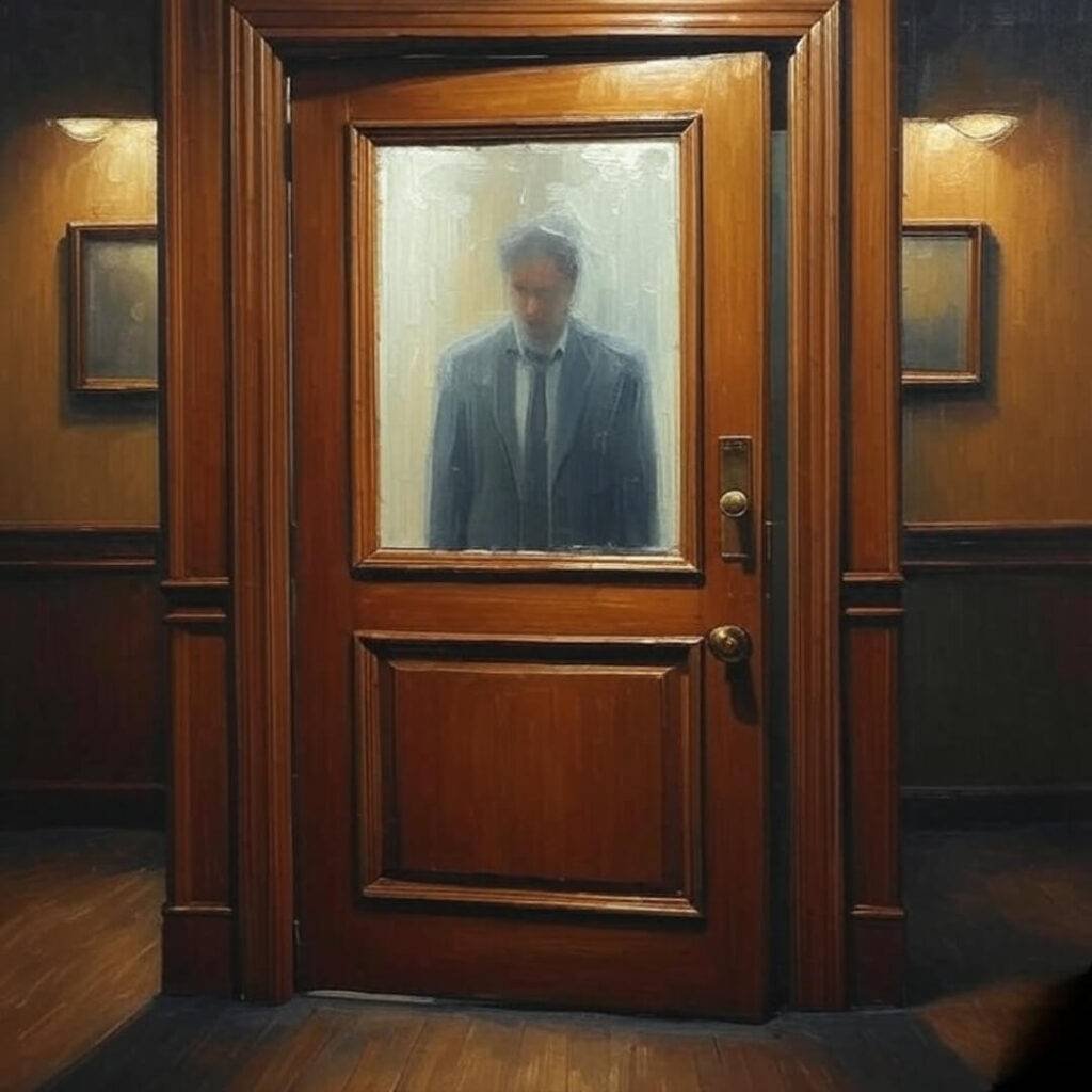 Alt Text: Impressionistic painting of a slightly open probate office door with a grieving figure’s reflection, set in a warm, muted hallway.