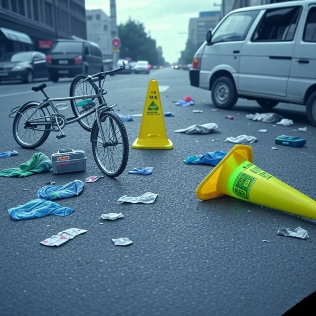 Alt Text: Grainy, tilted photo of a chaotic accident scene with a crumpled bike, dented van, scattered first-aid kit, and a tipped yellow caution cone, featuring muted tones with neon green accents.