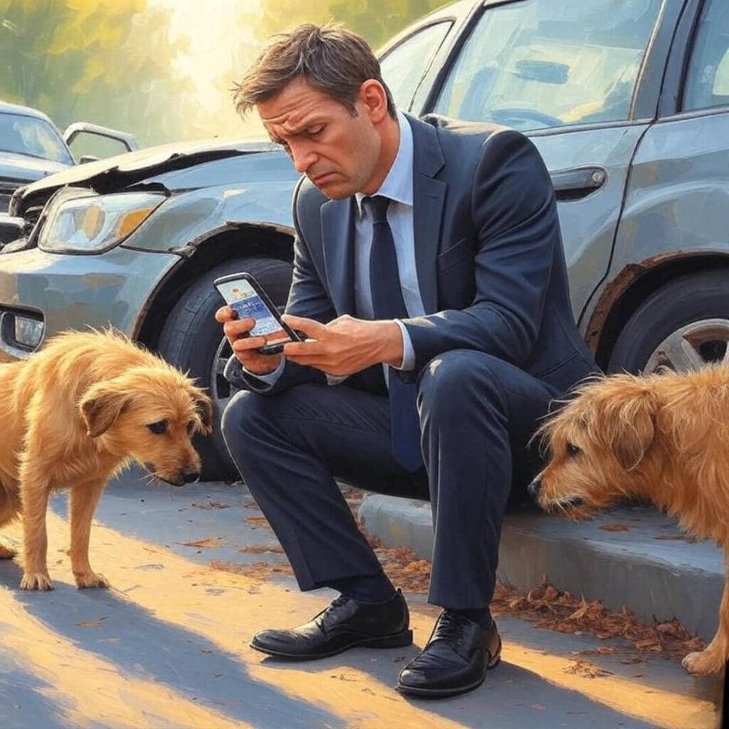 An impressionistic digital painting of a stressed driver sitting on a curb by a wrecked car, holding a phone with a lawyer’s website open, featuring soft swirling brushstrokes, a quirky stray dog sniffing the wreckage, and a wryly humorous tone in a dusty orange and green palette.
