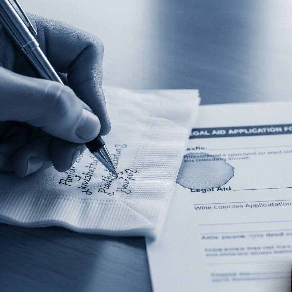 A close-up, low-angle, slightly blurred image of a hand scribbling on a napkin next to a coffee-stained legal aid form.






