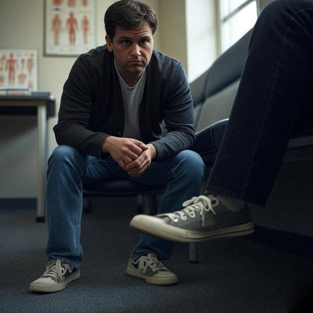 Grainy image of a nervous person in a doctor's waiting room, sneaker tapping, with a medical chart in the background.