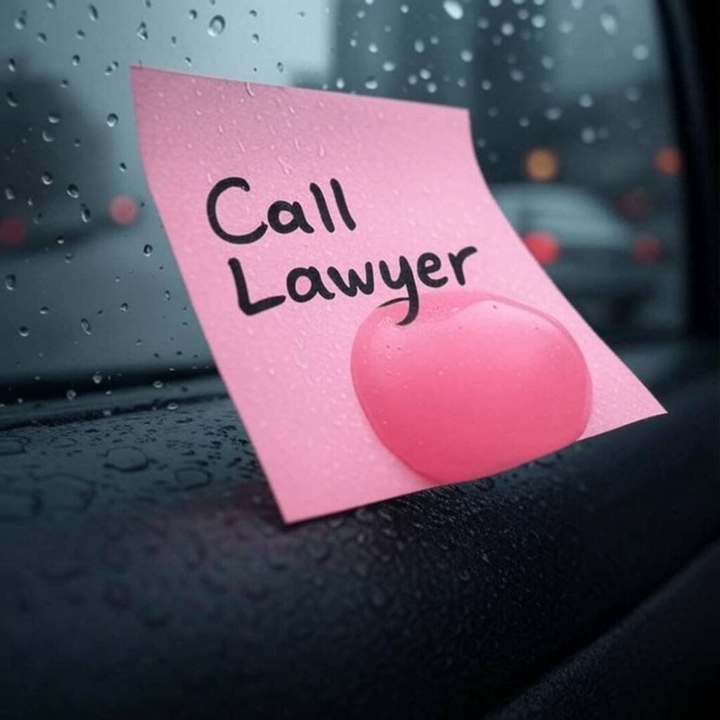 Impressionistic painting of a peeling "Call Lawyer" sticky note on a rain-streaked car window, viewed from inside, with stormy grays and a bubblegum pink splash.