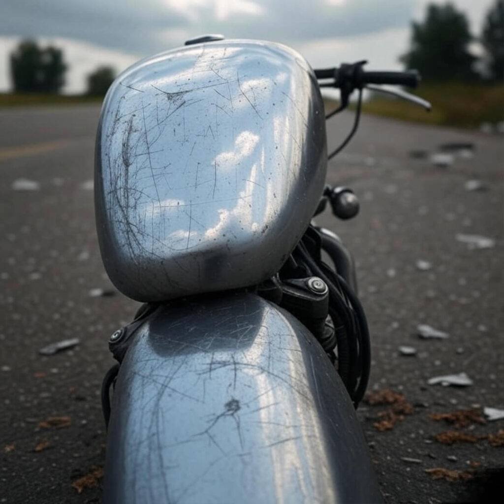 Scratched motorcycle gas tank reflecting clouds, photographed from a low angle as if kneeling beside it, captioned "My bike’s tank after a scare—dents tell stories, and a motorcycle accident lawyer can help you tell yours."