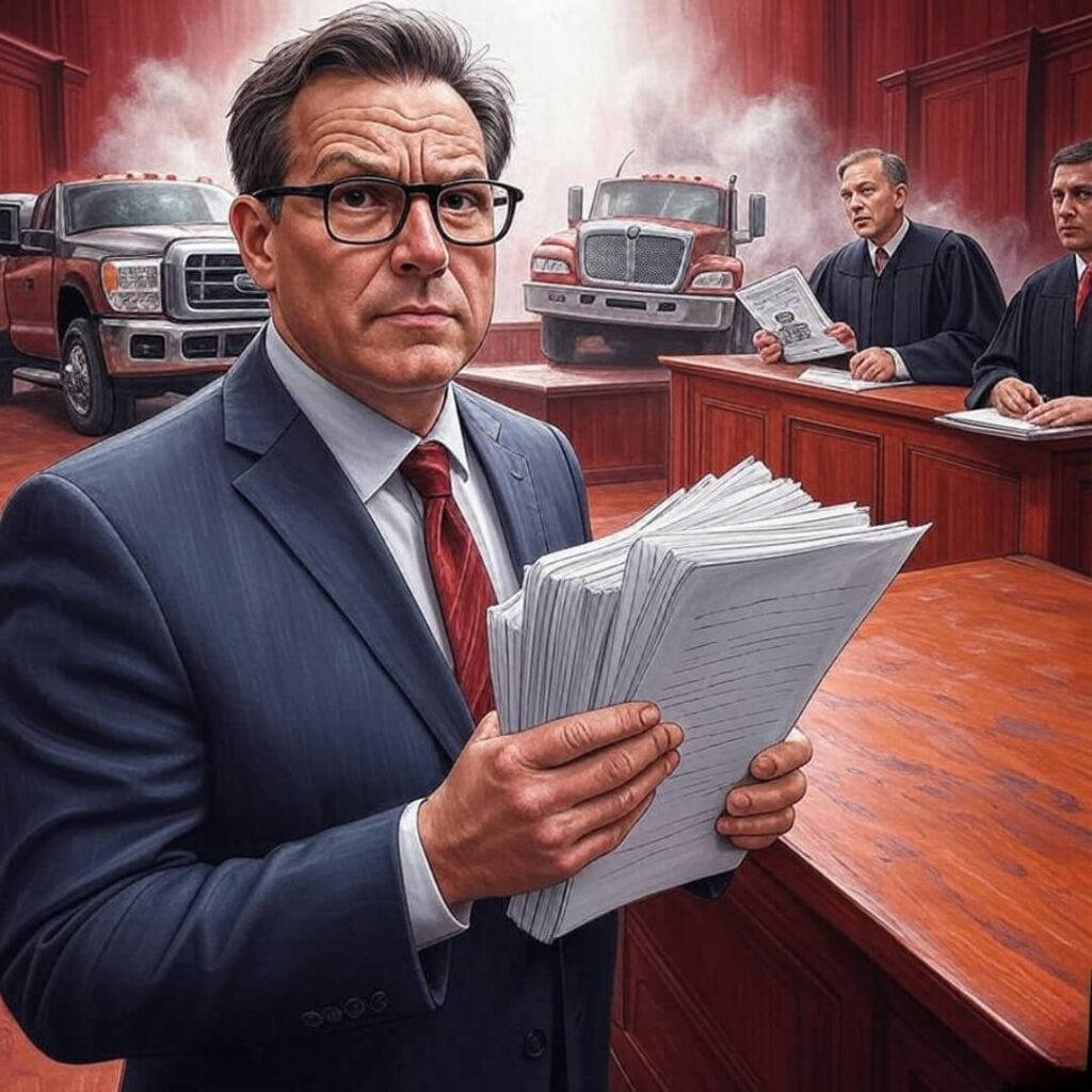 A shaky, hand-drawn courtroom sketch from my POV, featuring a frazzled truck accident attorney clutching papers, a looming 18-wheeler model on the defense table, and a judge doodling a truck on their notepad, rendered in a gritty palette of smoky grays and rusty reds.