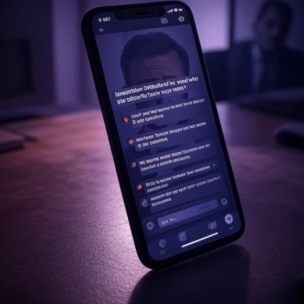A slightly tilted, gritty photo of a smartphone screen showing an online lawyer service chat interface, with a faint reflection of a stressed face, captured in a wryly humorous tone using deep purples and electric blues.