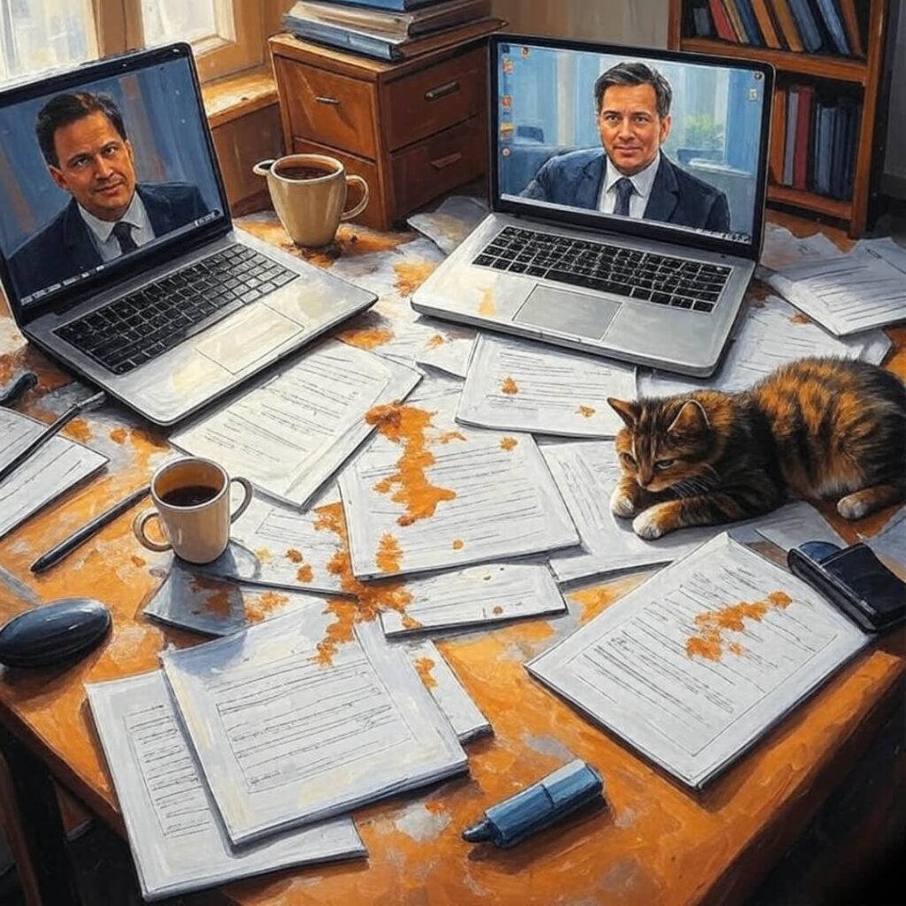 Alt text: An impressionistic digital painting of a chaotic home office from above, featuring a laptop with a virtual lawyer’s face, a spilled coffee mug, and a cat lounging on scattered legal documents, captioned "My virtual lawyer call—complete with cat chaos and coffee spills."