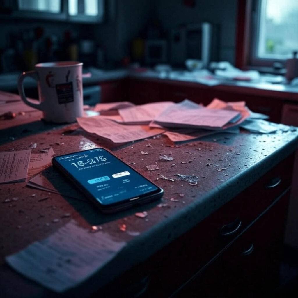 Gritty, off-kilter image of a messy kitchen counter during a hotline call, with scattered papers, a chipped coffee mug, and a phone glowing with a hotline number, in muted teal and crimson tones, conveying chaos and hopeful scrambling for free legal advice.