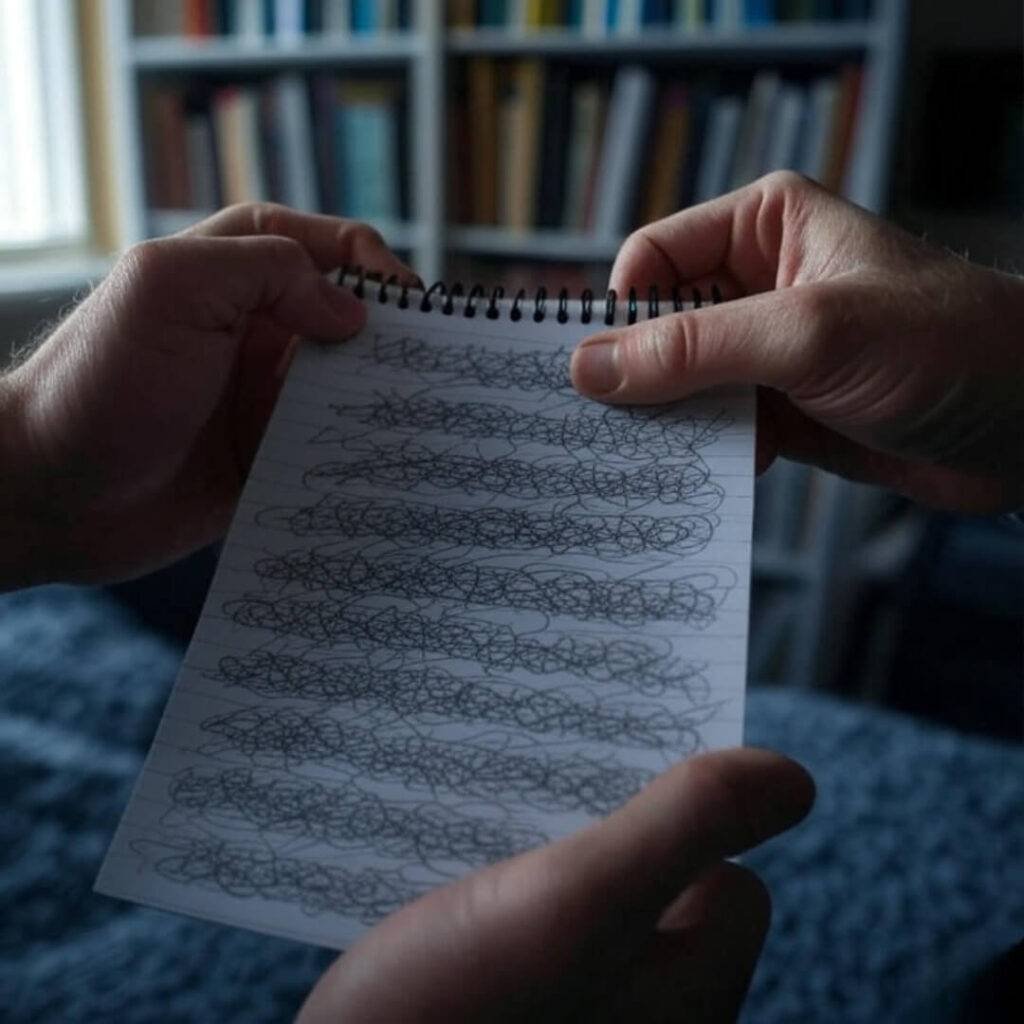 A close-up photorealistic shot of shaky hands holding a slightly out-of-focus notepad with scribbled questions, set against a messy bookshelf background hinting at chaotic preparation.