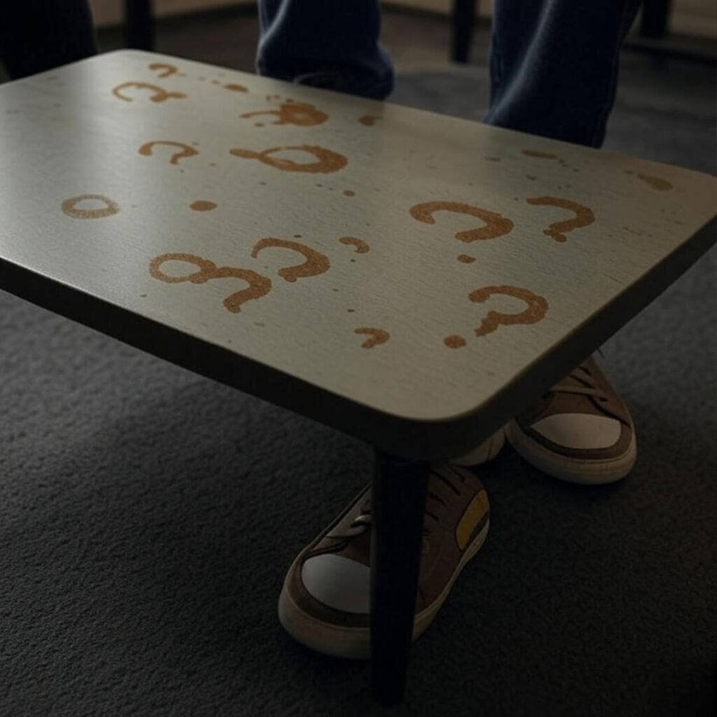 "Nervous sneakers tapping under a coffee table during a lawyer consultation, worm's-eye view with lengthening shadows, quirky coffee stains like question marks in muted taupes and mustard yellow."