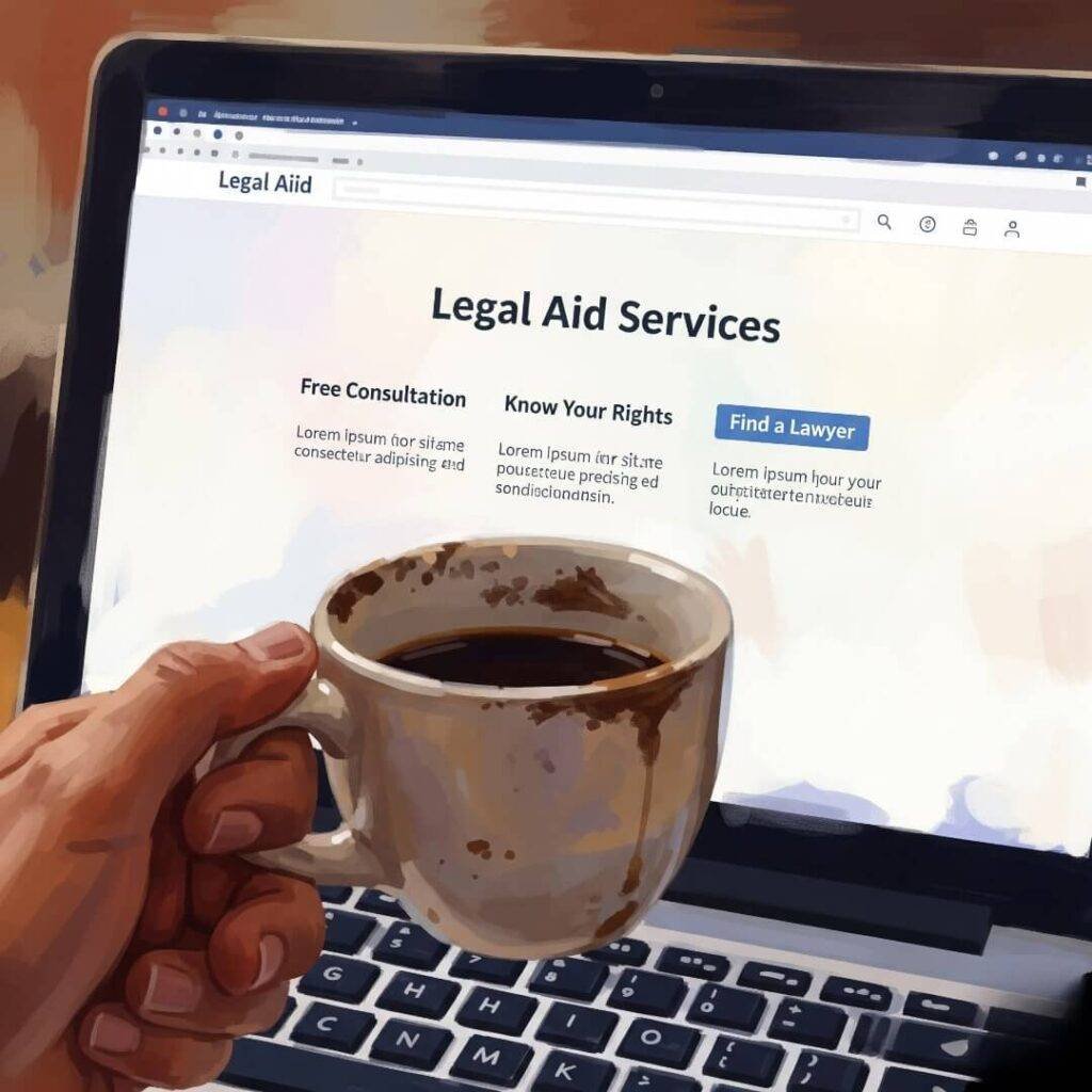 A close-up impressionistic digital painting of a hand holding a smudged coffee cup, partially obscuring a laptop screen that displays a legal aid website.