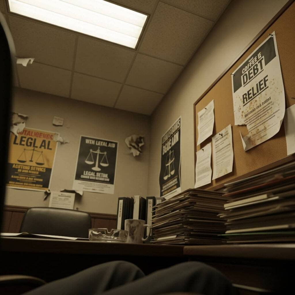 A shaky, low-angle, photorealistic shot of a cluttered legal aid office with faded posters, a wobbly chair, and a coffee-stained debt relief flyer.
