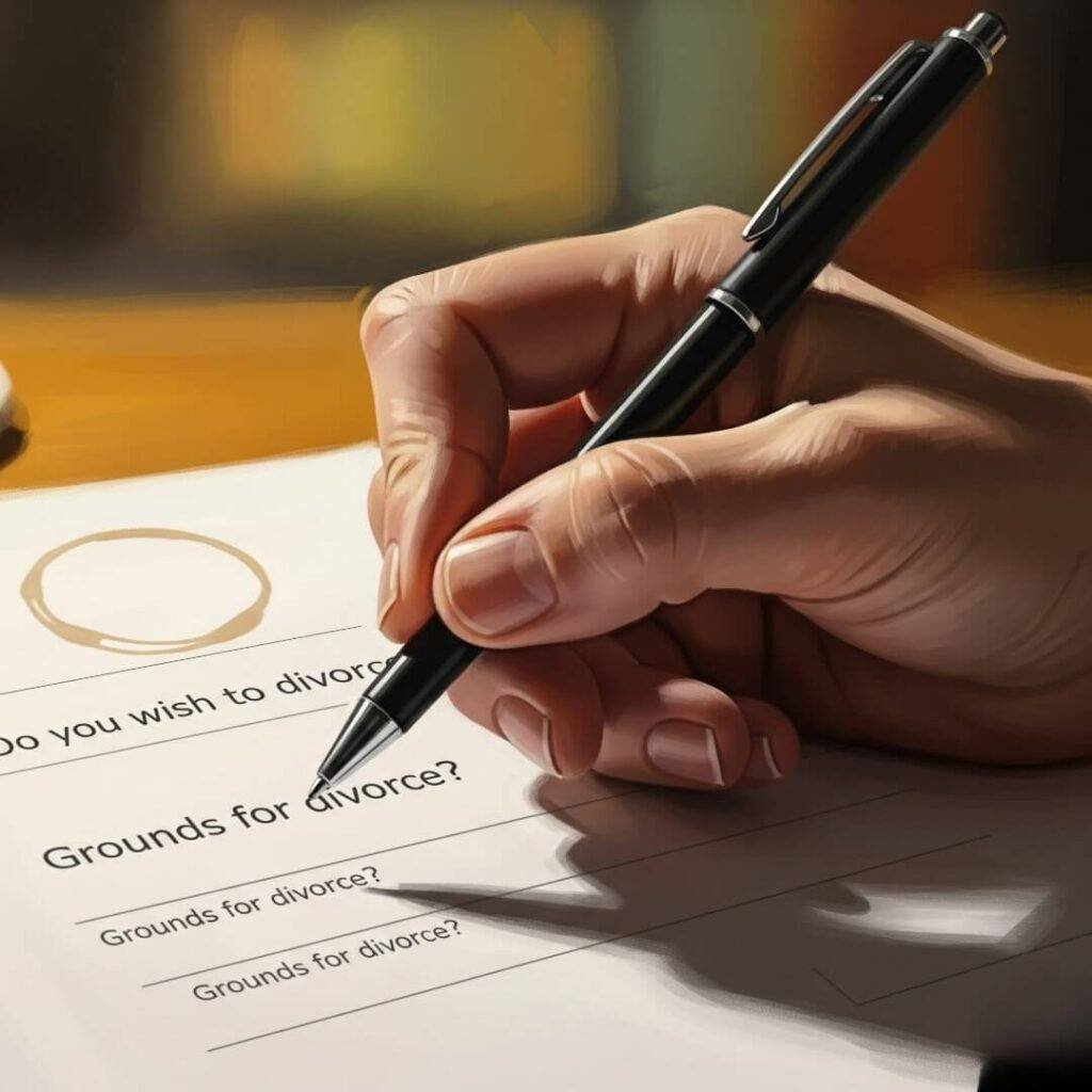 A close-up digital painting of a nervous hand holding a pen over a divorce questionnaire.