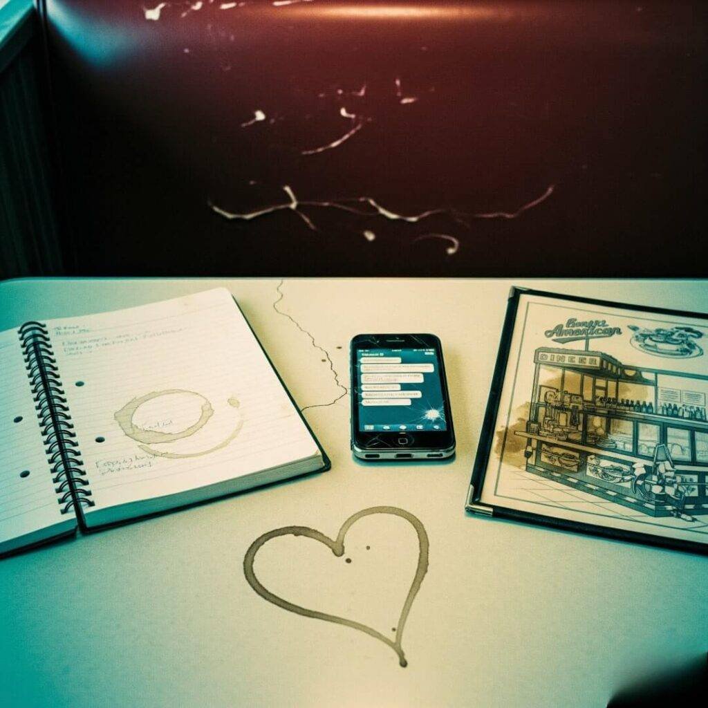 A grainy photo of a diner table with a notebook, a cracked phone, and a menu, with a coffee stain shaped like a heart.