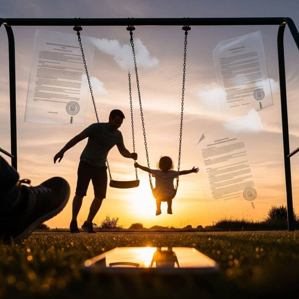 A low-angle photo of a dad pushing a child on a swing at sunset, with legal papers floating in the sky like clouds.