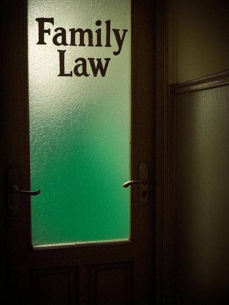 Vintage close-up of a budget lawyer’s office door with frosted glass, "Family Law" peeling slightly, in sepia tones with a splash of emerald green.