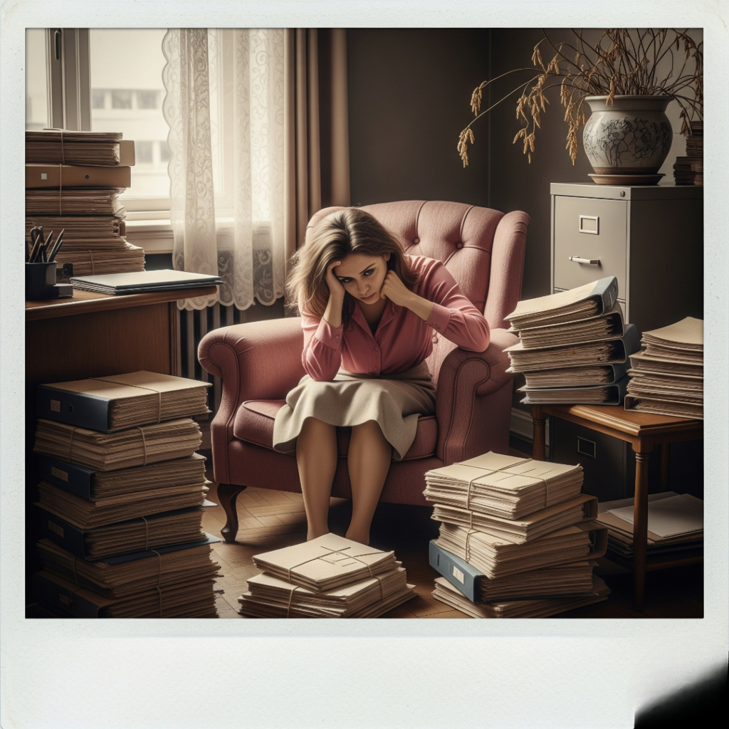 A stressed client sits in a lawyer's office, surrounded by stacks of legal files. The image is a vintage-inspired, faded Polaroid with a wilting office plant in the corner, and a color palette of sepia and soft pinks.a