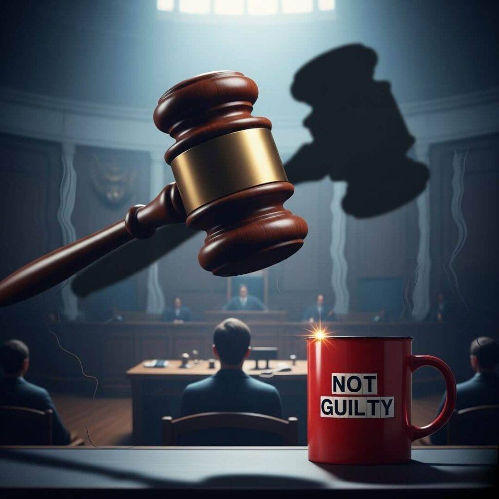 A surreal image of a courtroom scene from the defendant's perspective. A massive gavel hangs overhead, and a red "Not Guilty" mug is in the foreground.