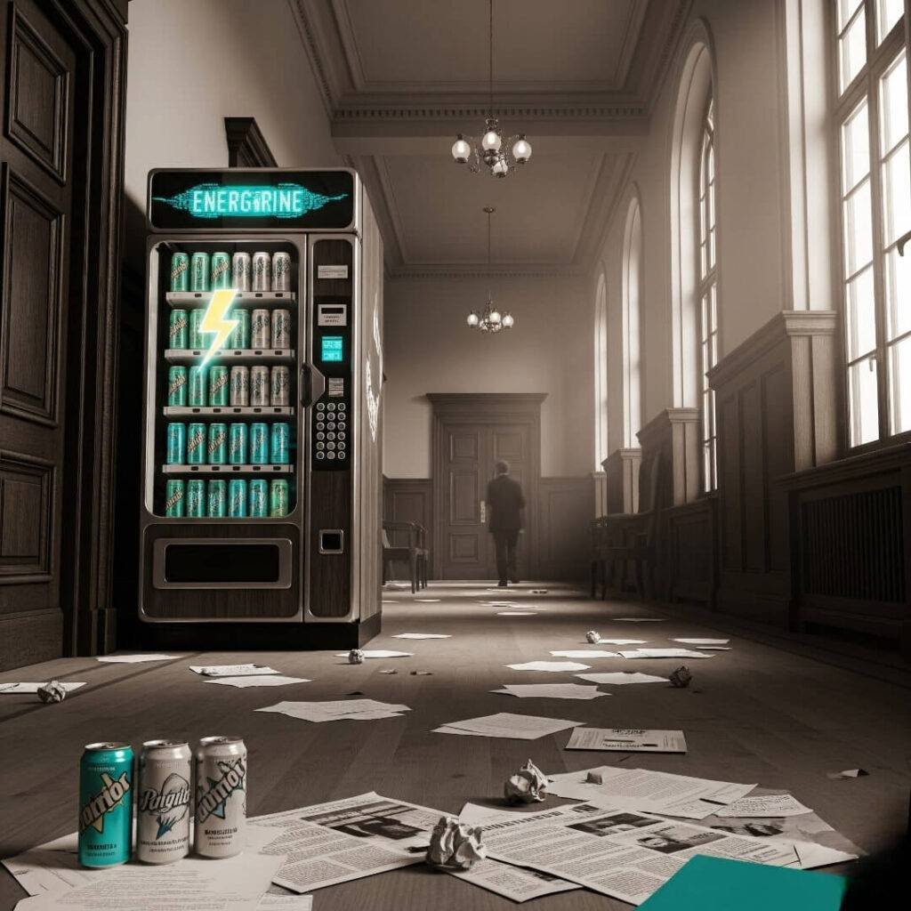 A vintage-style, low-angle shot of a courthouse hallway with papers scattered on the floor and a vending machine stocked with energy drinks. The image is in sepia tones with a pop of teal.