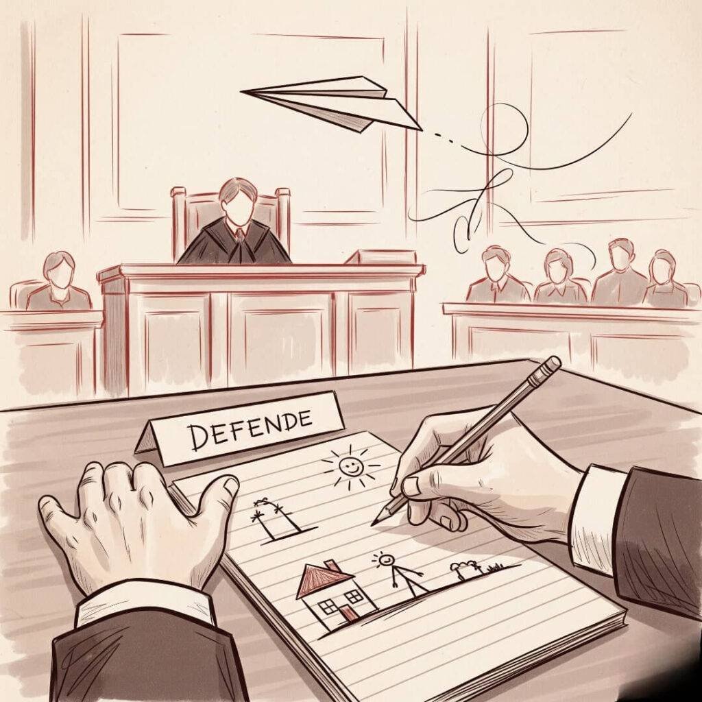 A vintage-style courtroom sketch with a lawyer doodling on a legal pad while a paper airplane flies overhead.