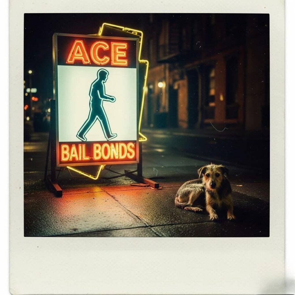 A paolaroid photo showing a neon bail bonds sign and a stray dog on a wet street