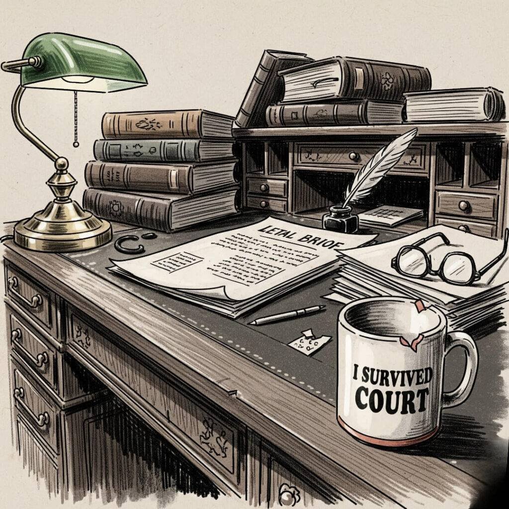 A vintage sketch of a lawyer's desk with legal books, a quill, and a mug that says "I Survived Court."