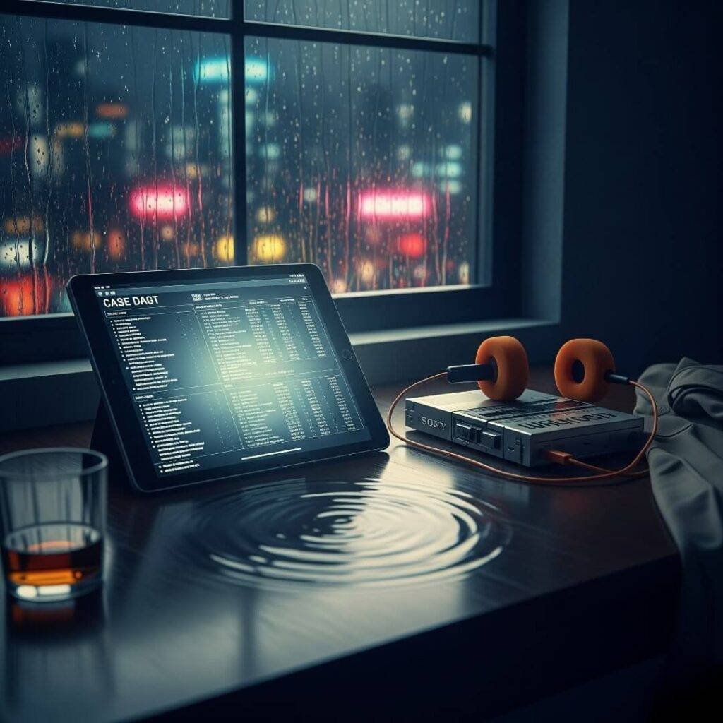 A noir-style image of a tablet showing case data and a retro Walkman on a table with a glass, reflecting a rainy city outside.