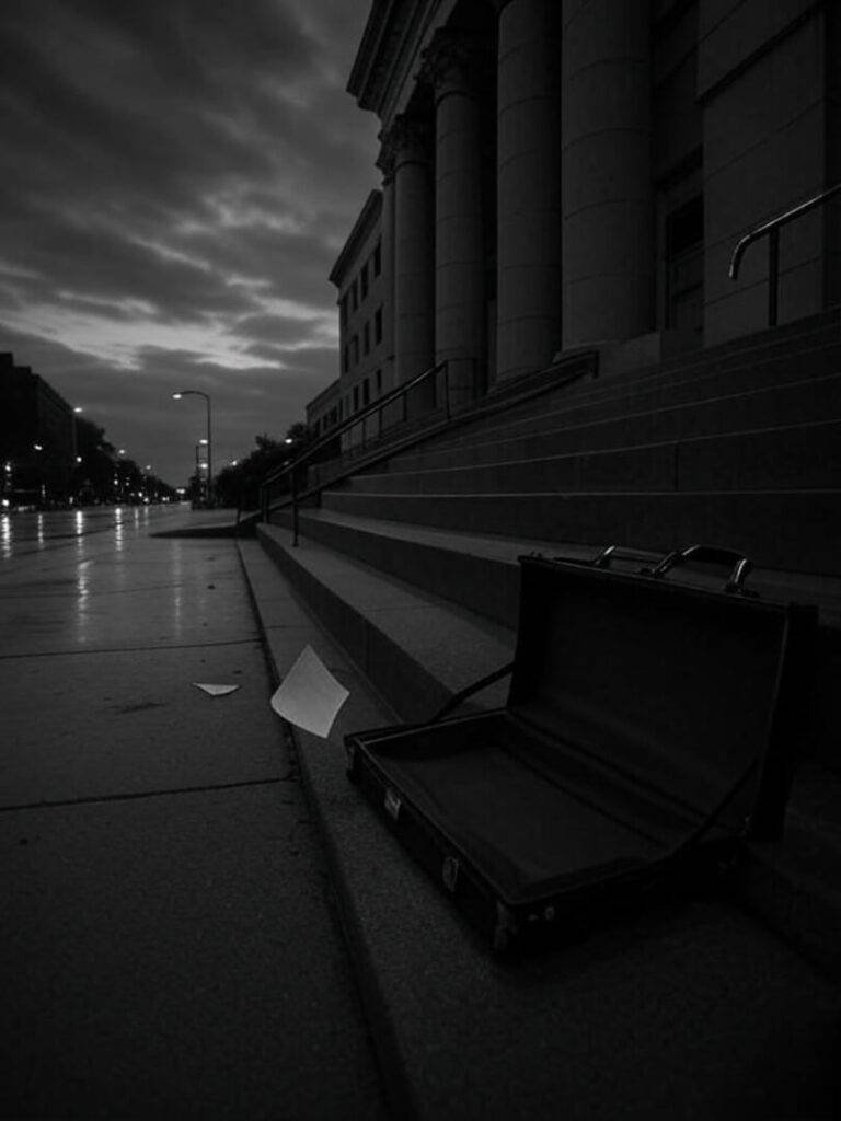 "Low-angle shot of courthouse steps with a dropped briefcase and paper blowing away, styled in gritty film noir black-and-white with neon green accents, conveying a bittersweet vibe."